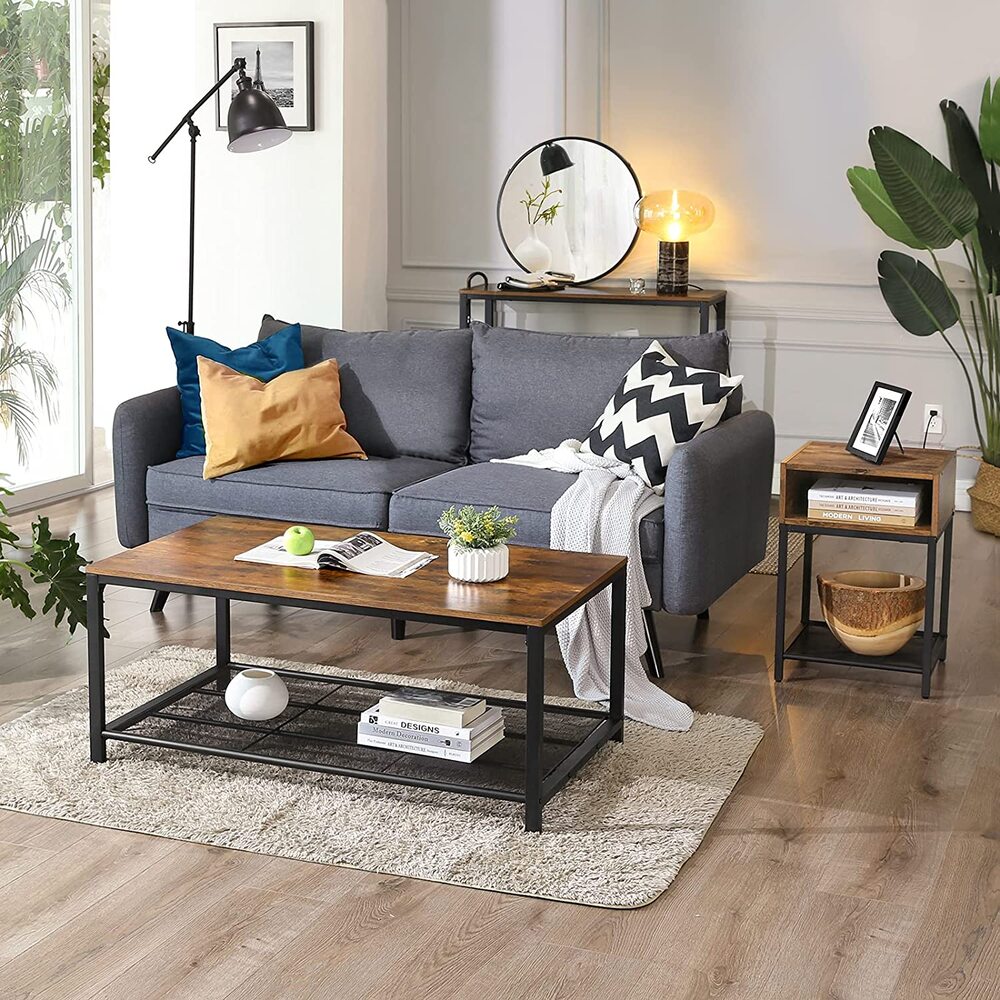 Side Table with Open Compartment and Mesh Shelf