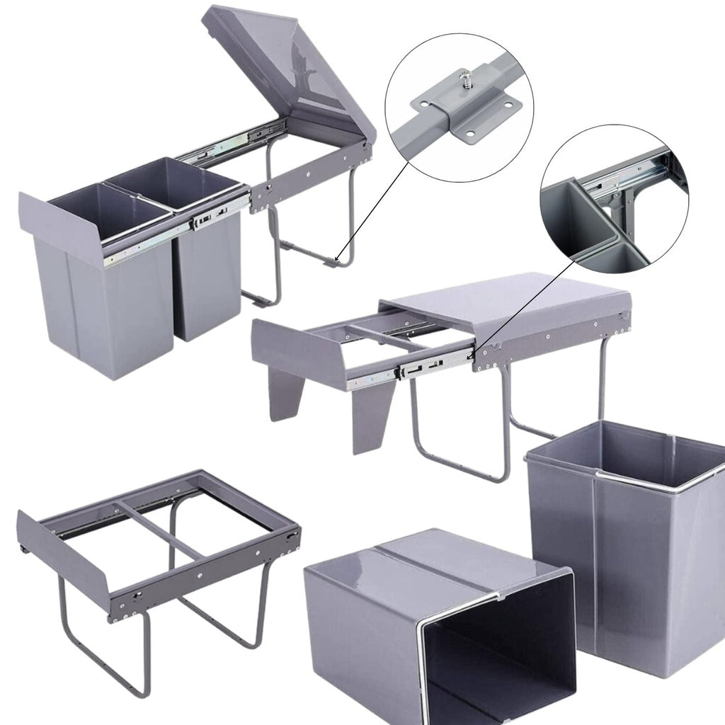 Kitchen Twin Pull Out Bin (Grey) - 2 x 15L