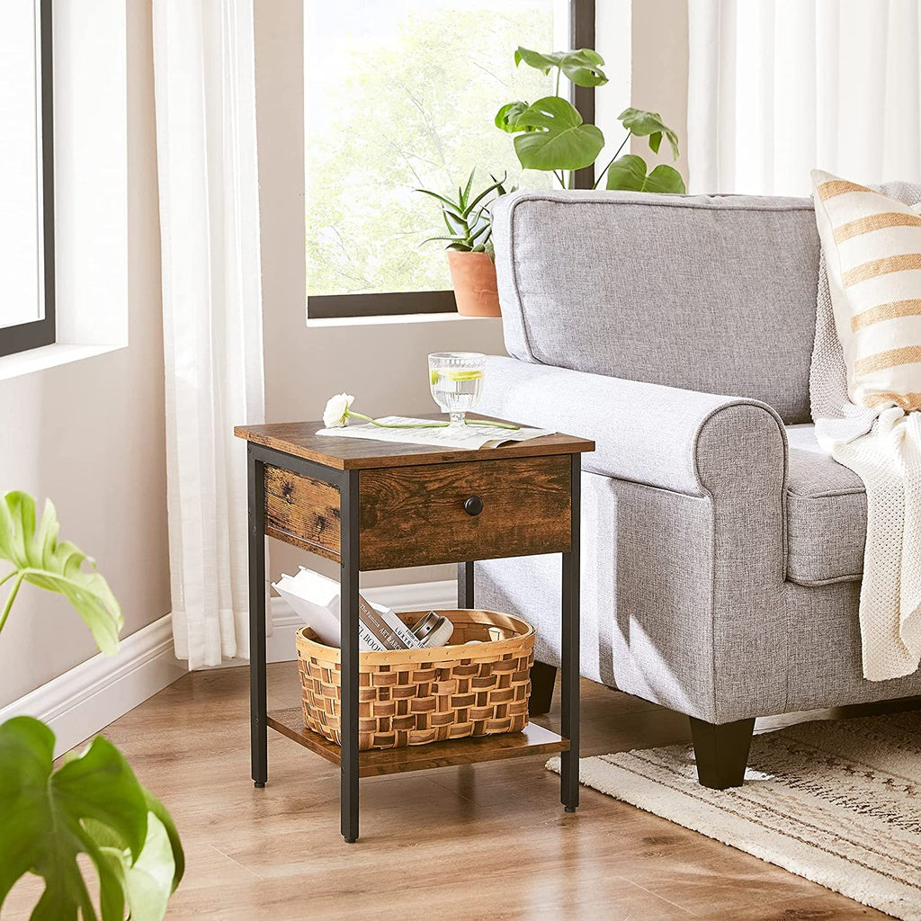 End Table with Drawer and Shelf - Rustic Brown and Black