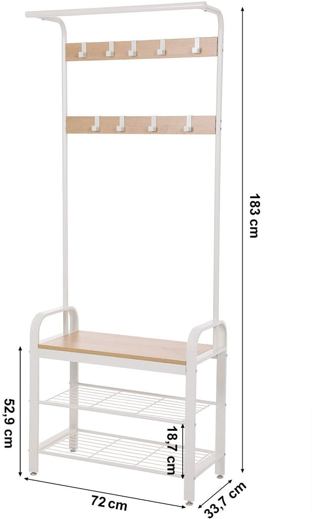 Coat Rack Stand Shoe Bench with Shelves 175cms - White