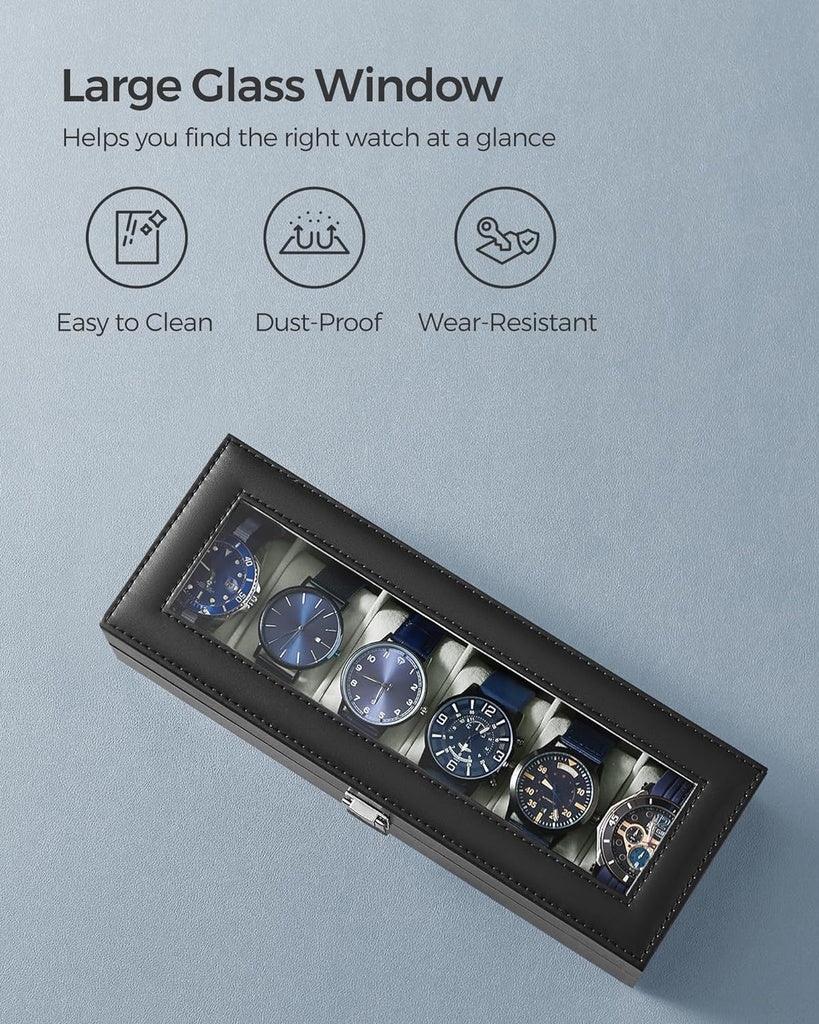Watch Box for 6 Watches with Glass Lid - Black Synthetic Leather Grey Lining