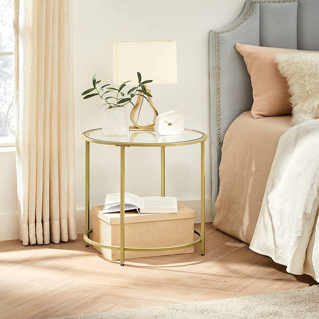 Round Side Tables Set of 2 Tempered Glass - Steel Frame Gold