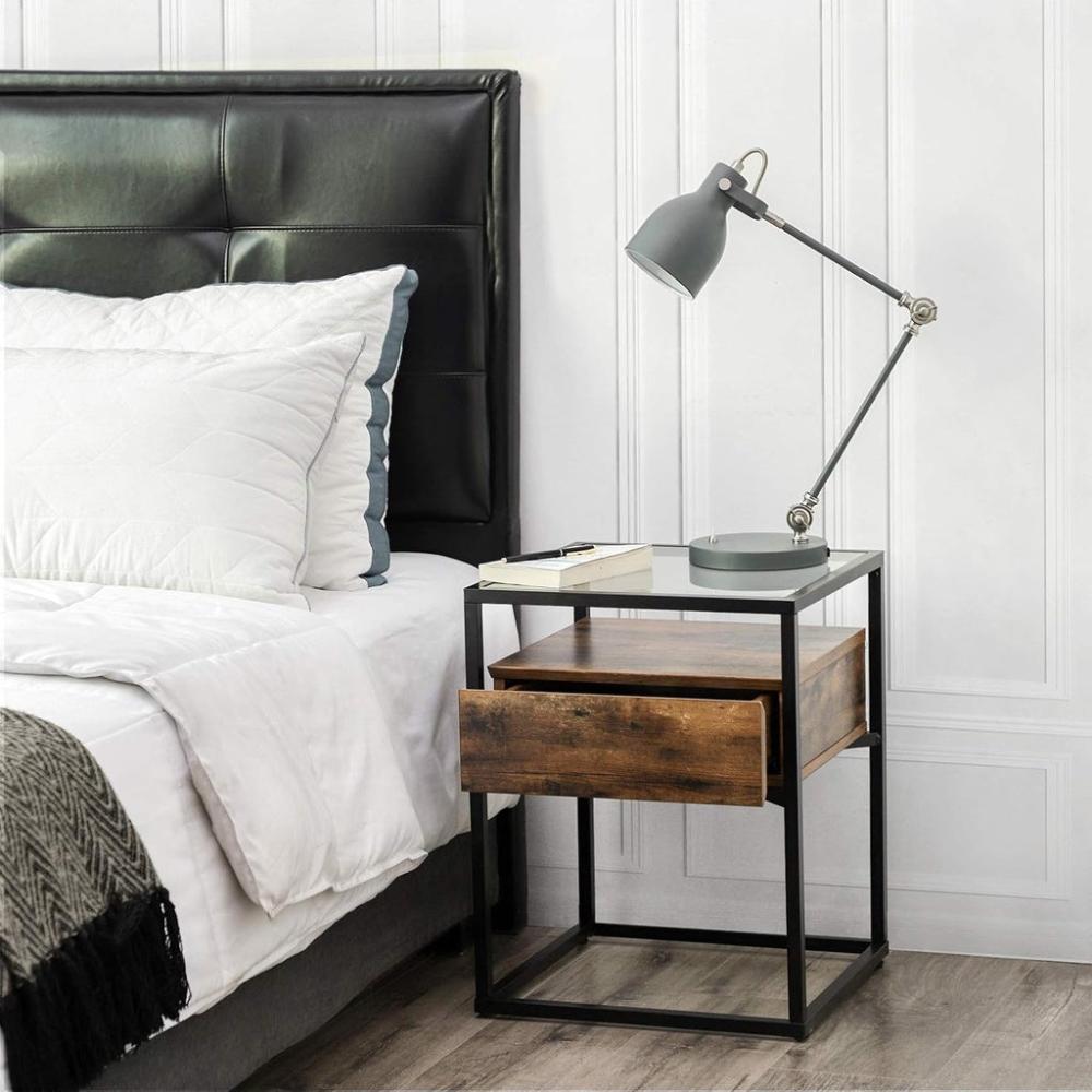 Side Table Tempered Glass End Table - Rustic Brown and Black