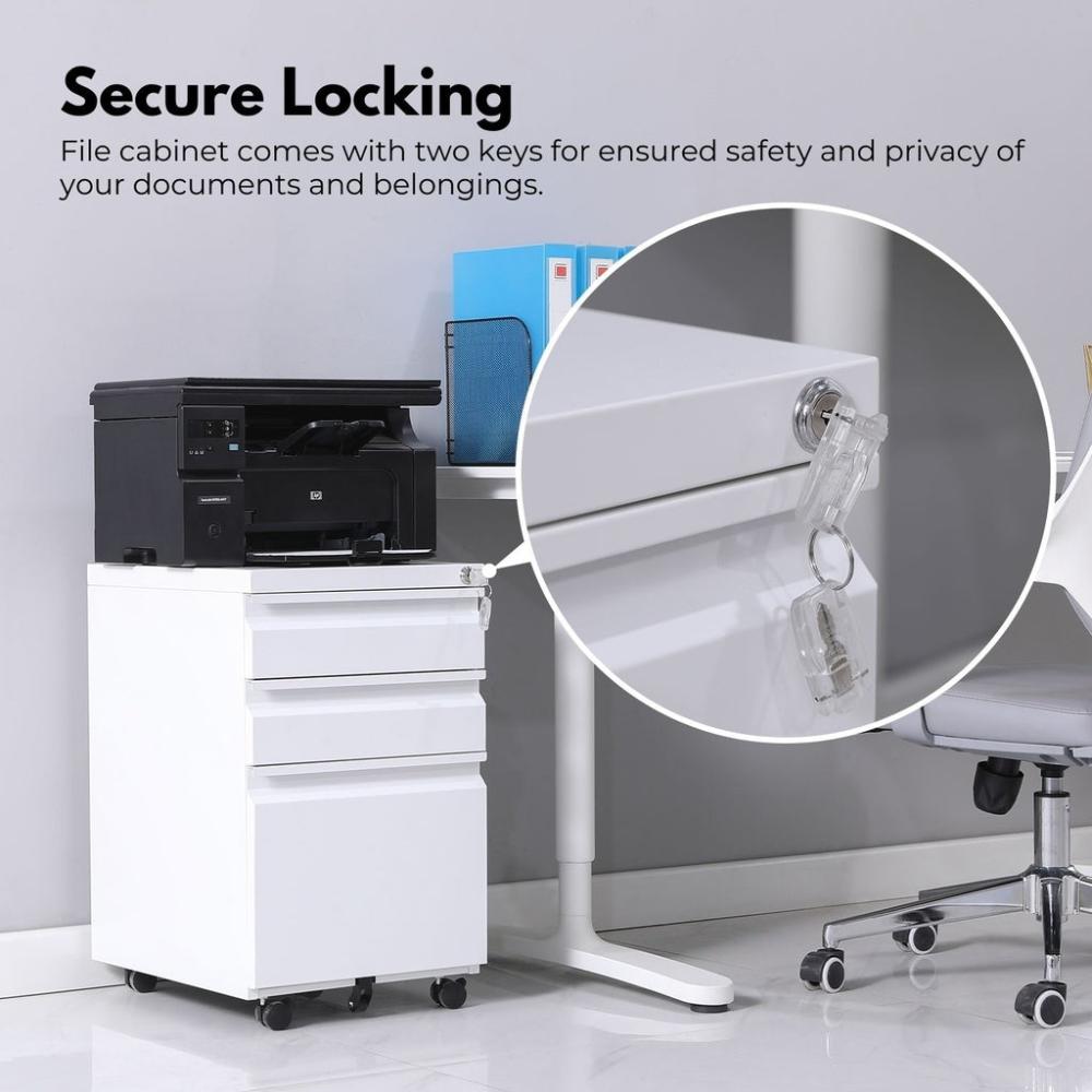 3-Drawer Mobile File Cabinet with Lock (White)