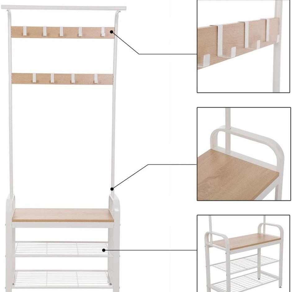 Coat Rack Stand Shoe Bench with Shelves 175cms - White