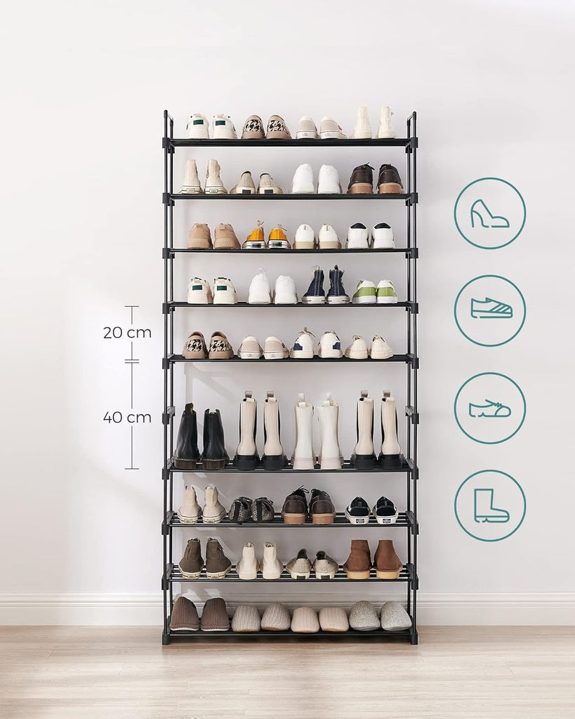 10 Tier Metal Shoe Rack for 50 Pairs of Shoes - Black