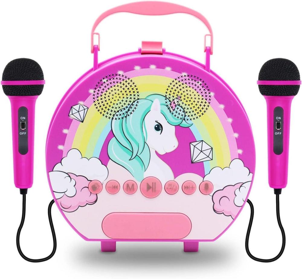 Kids Portable Karaoke with Two Microphones (Round, Purple Unicorn)