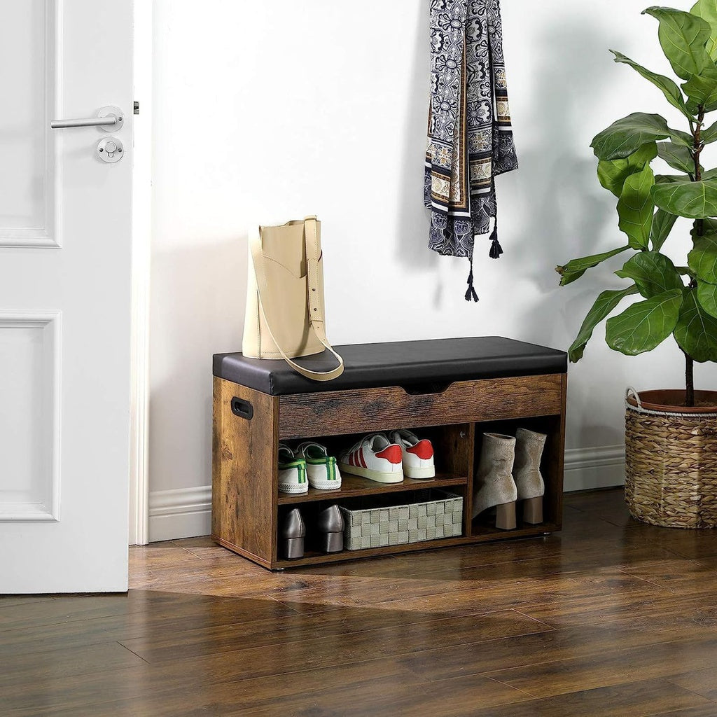 Storage Shoe Bench with Padded Seat 3 Compartments - Rustic Brown
