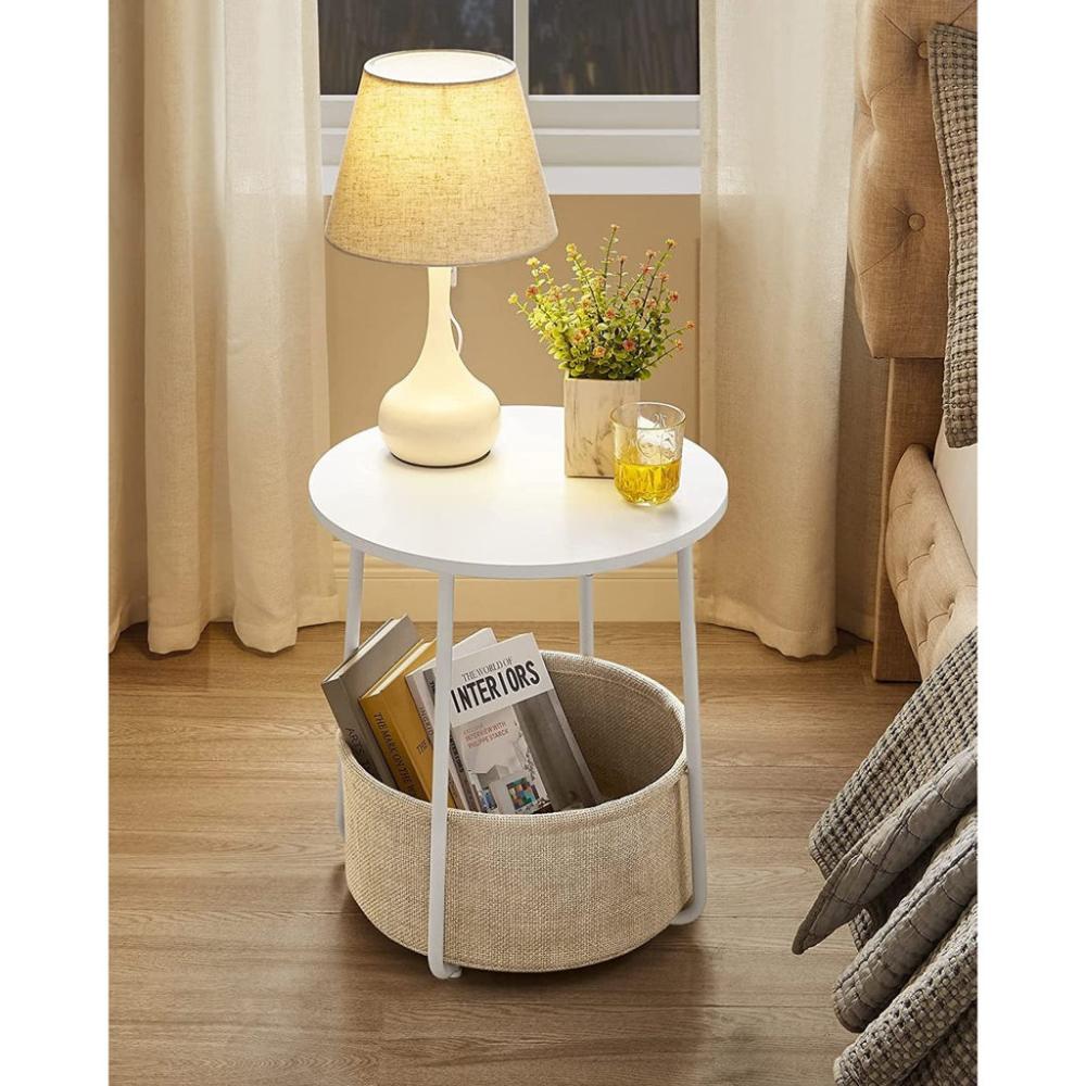 Small Round Side End Table with Fabric Basket - White and Beige