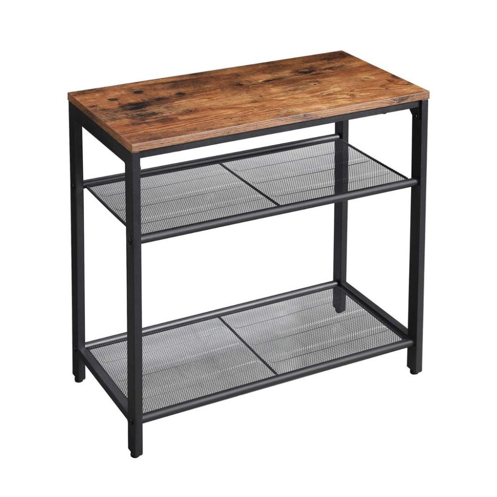 Side Table 3-Tier End Table with Mesh Shelves - Rustic Brown