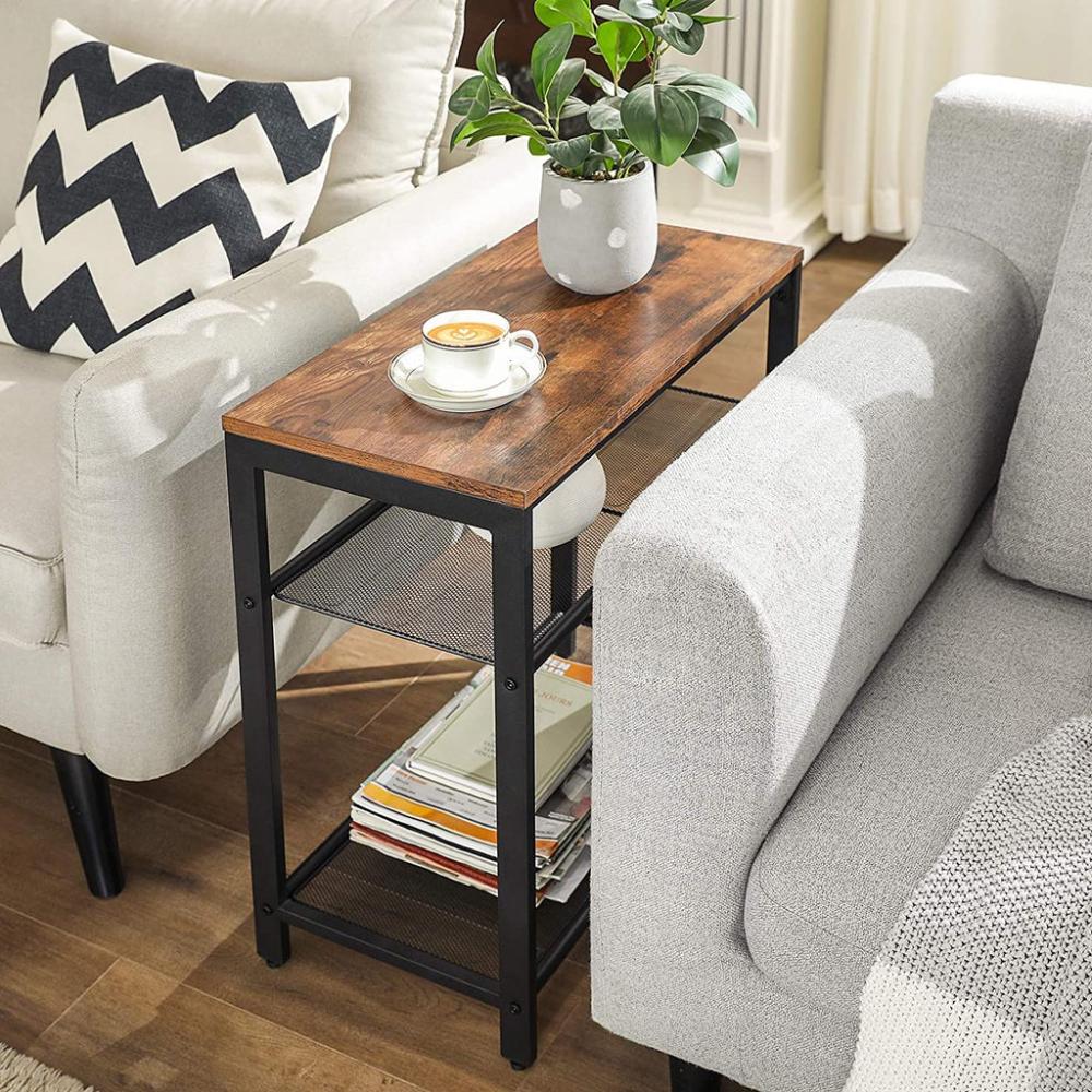 Side Table 3-Tier End Table with Mesh Shelves - Rustic Brown