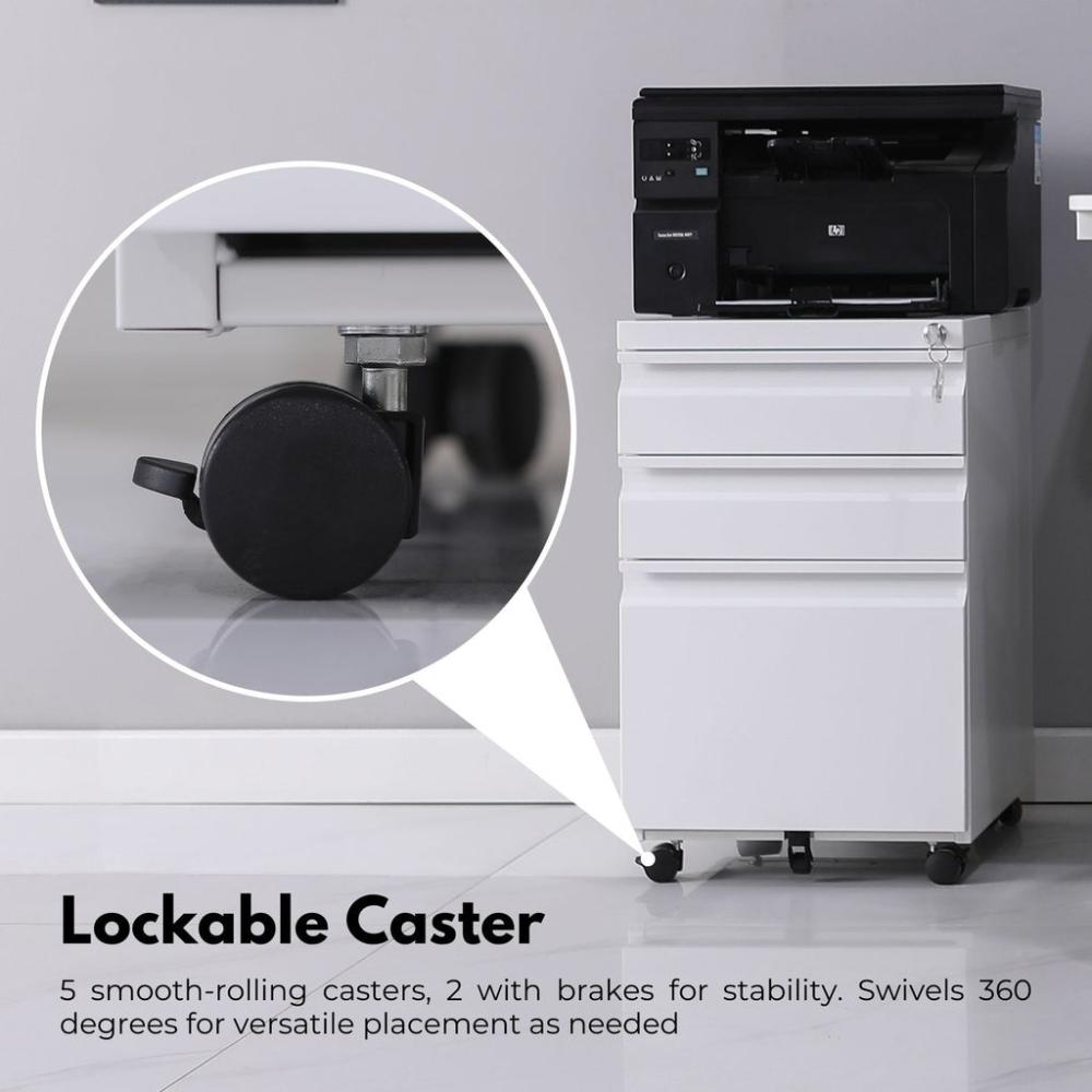 3-Drawer Mobile File Cabinet with Lock (White)