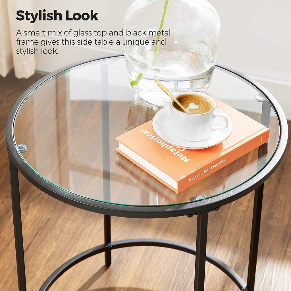 Round Side Glass Table with Metal Frame - Black