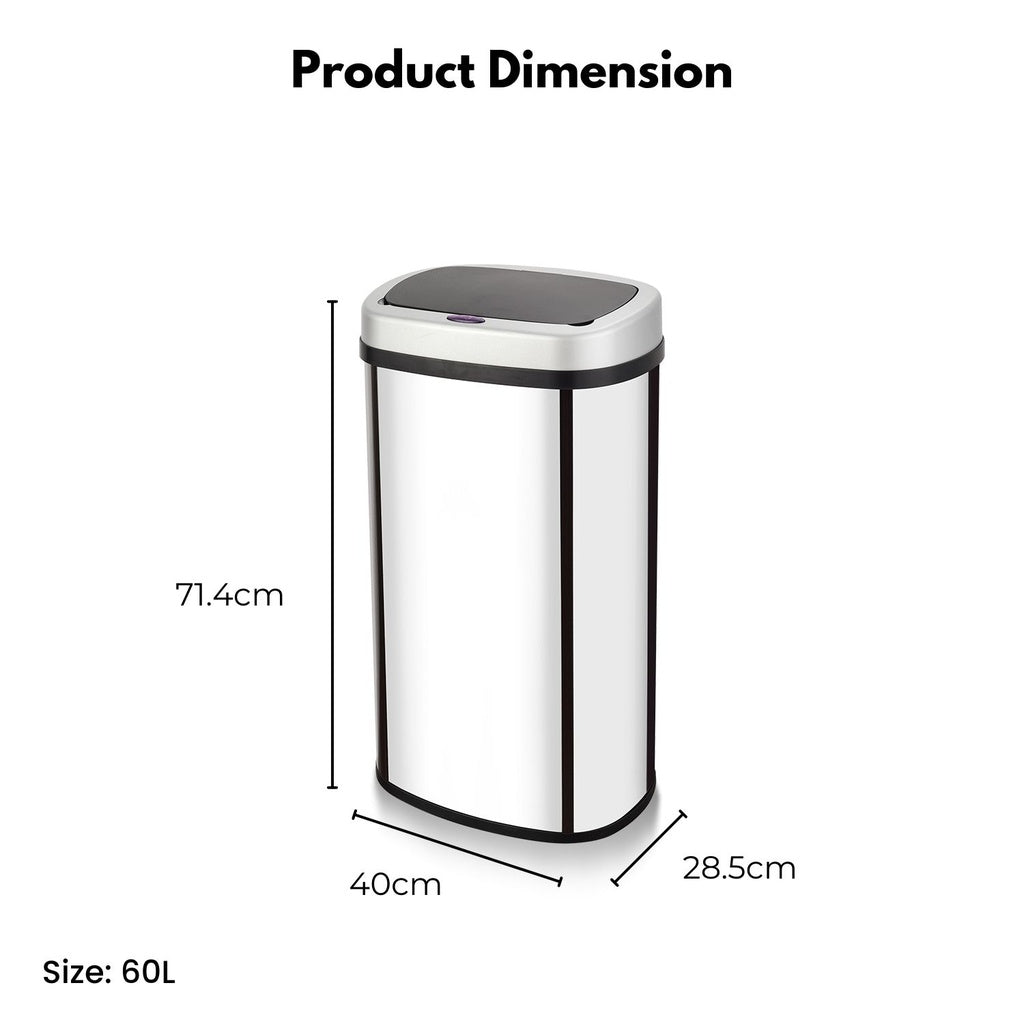 Mirror Oval Silver Motion Sensor Bin - 60L