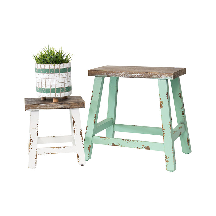 Nested Antique-Finish Wooden Plant Stools Set Of 2