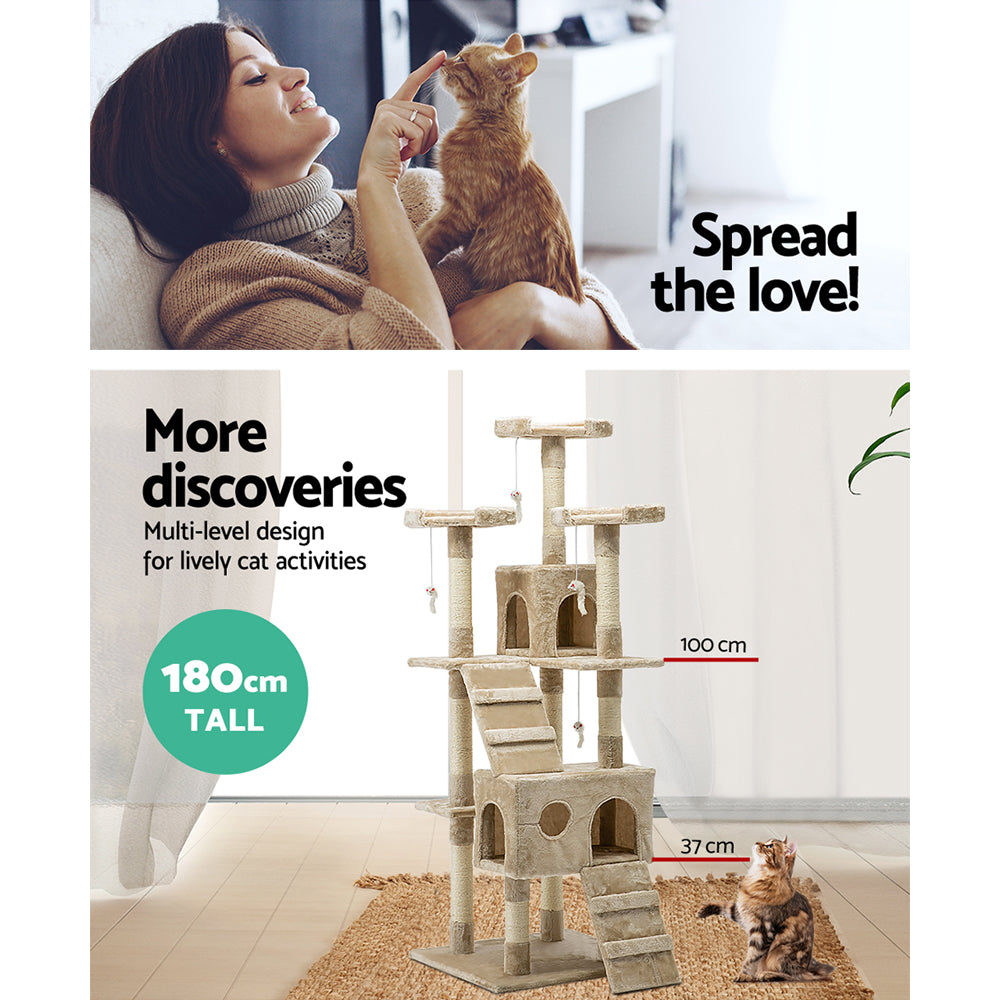 Cat Tree Scratching Post Scratcher Tower Wood Beige 180cms