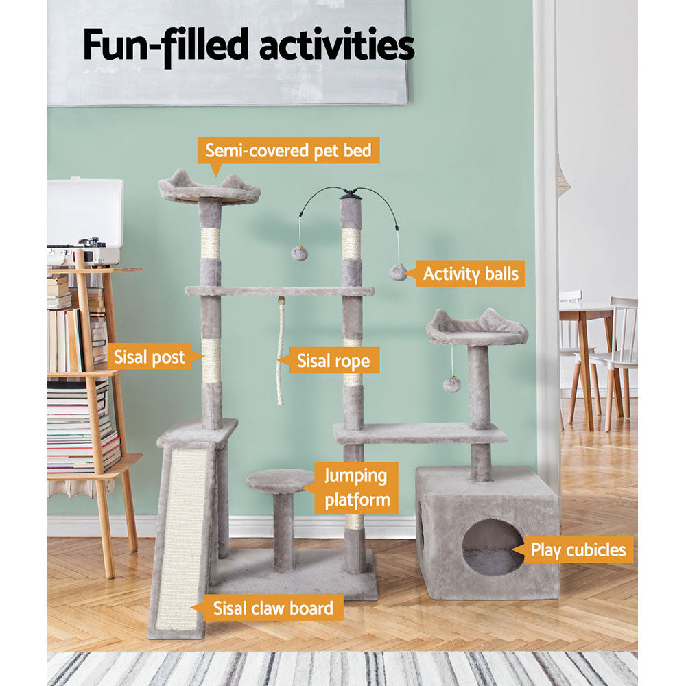 Cat Tree Scratching Post Scratcher Tower House Grey 135cms