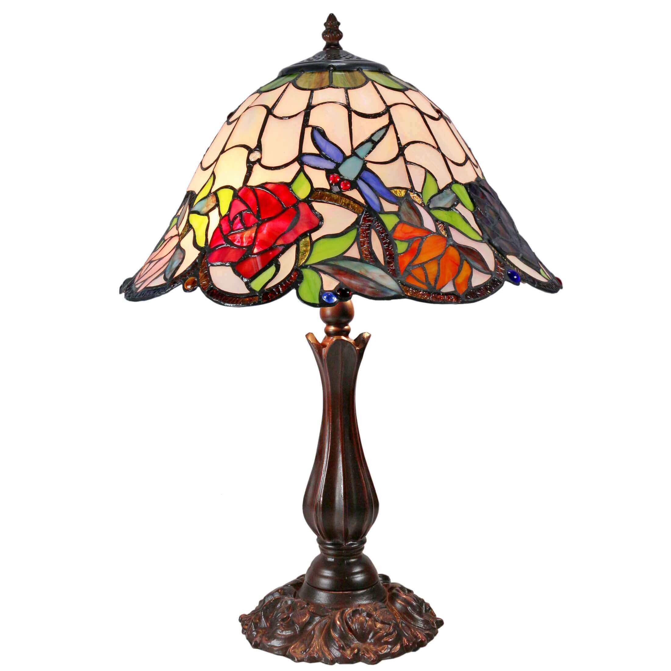 Flowers & Dragonflies Tiffany Stained Glass Table Lamp (Available in 2 Sizes)