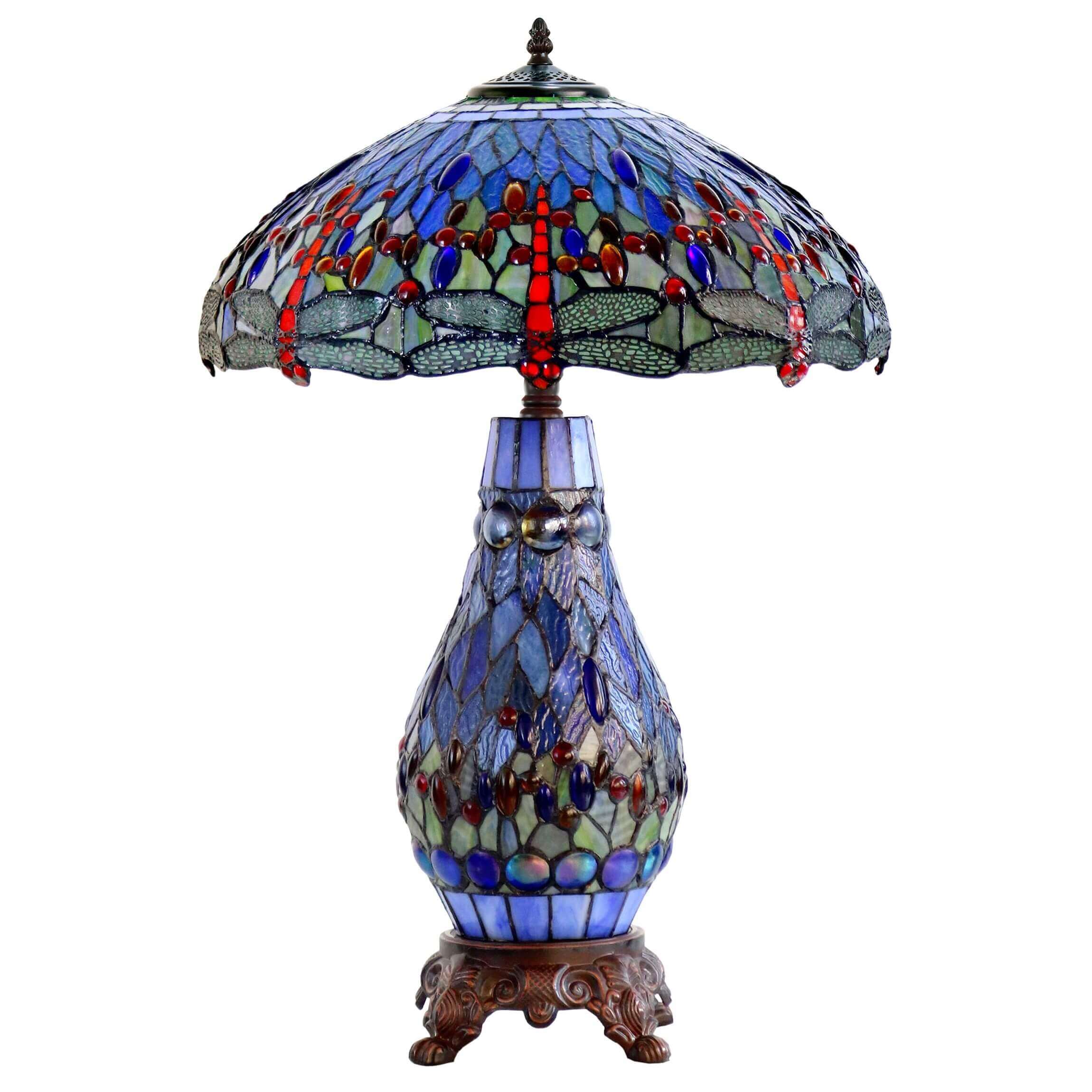 Gems & Dragonflies Tiffany Stained Glass Table Lamp (Available in 2 Colors)